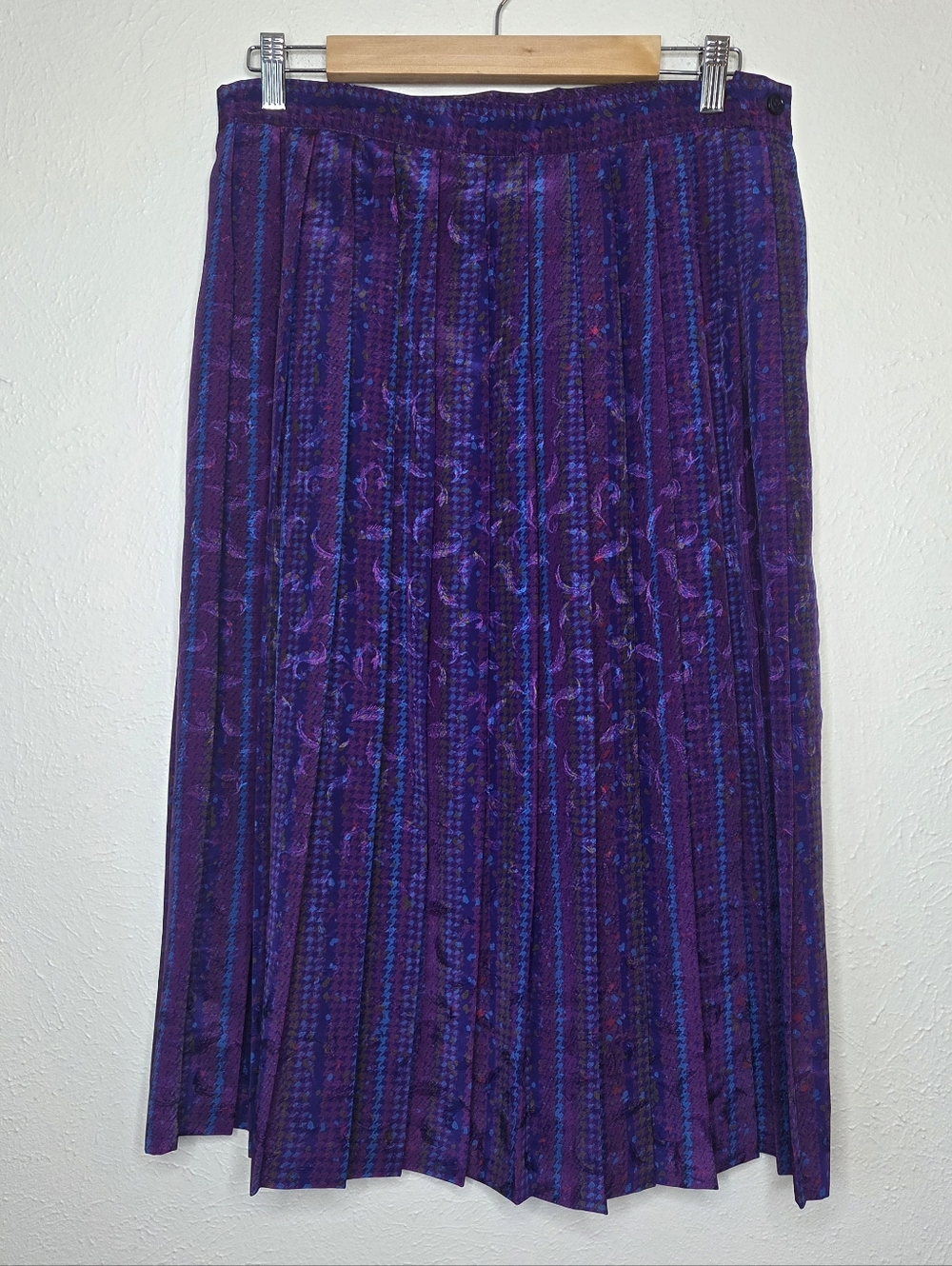 Vintage 80s Oleg Cassini Pleated Midi Skirt Abstract Print Jewel Tone Purple 14